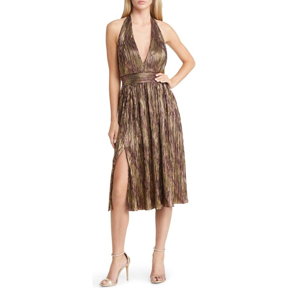 Dress The Population Metallic Halter Pleated Dress - Size XS